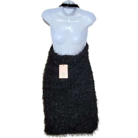 Shein Bae Women's L Black Fuzzy Mini Dress w/Halter Top and Open Back **NWT** - Picture 3 of 14